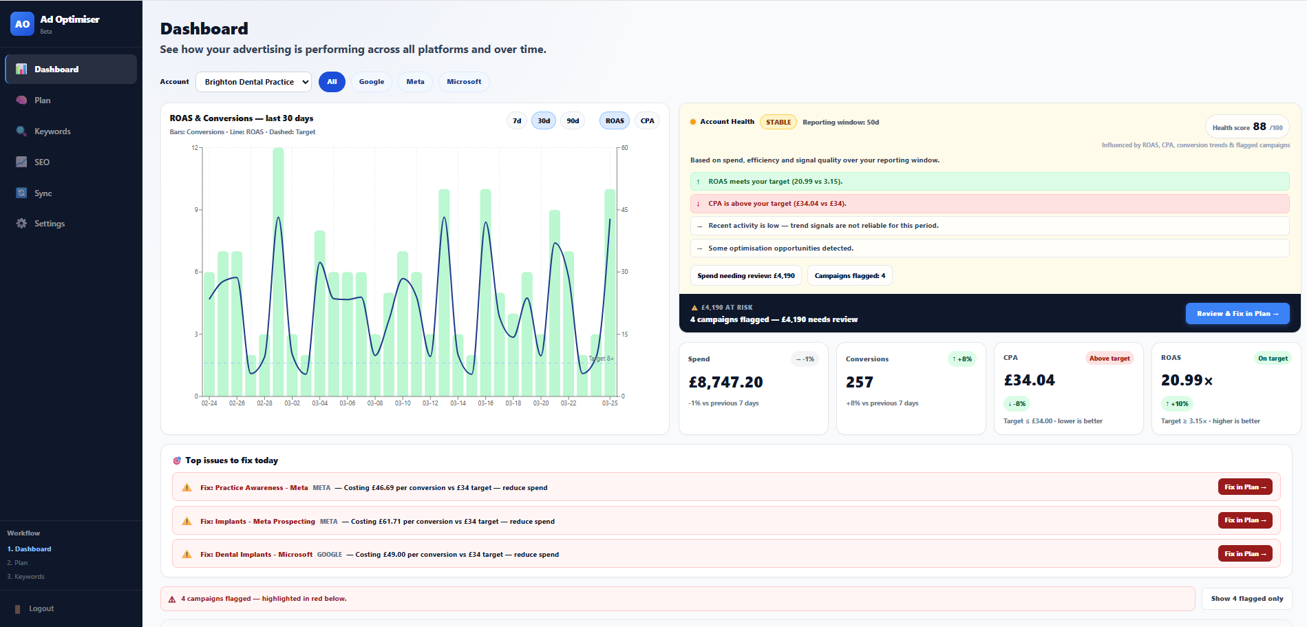 Ads Optimiser dashboard preview